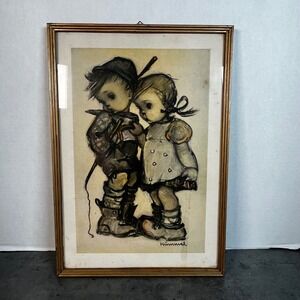 Vintage Hummel Framed Lithograph Print Boy and Girl Gold Ornate Frame Art